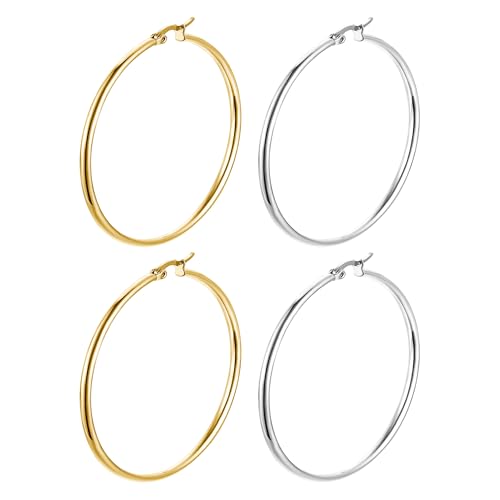 JUZICHEN 2 Paar Ohrringe Damen Frauen, Hypoallergen Ohrringe Silber Gold (B,Gold+Silber, 2 Paar 40mm) von JUZICHEN