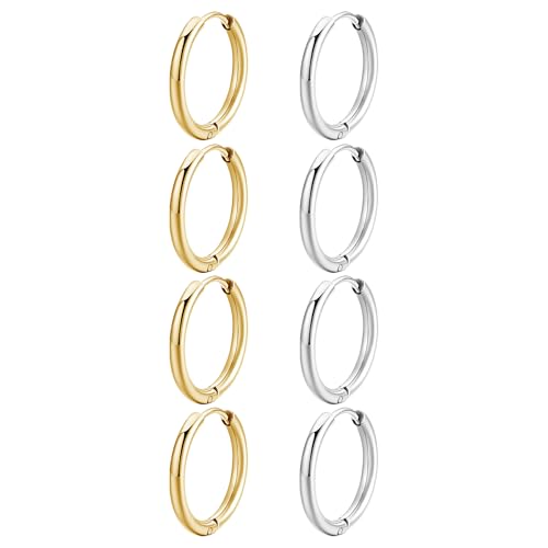 JUZICHEN 4 Paar Creolen Gold Silber Für Damen, Hypoallergene Ohrringe Edelstahl Kreolen Creolen Klein, Goldene Ohrringe Set Helix Piercings Für Mehrere Piercings (Gold + Silber, 4 Paar 14 mm) von JUZICHEN
