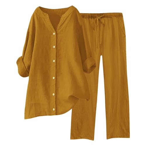 Frühlingsbestseller Musselin Bluse Damen Zweiteiler 2025 Frühling-Sommer Große Größen 3/4 Ärm Top V Ausschnitt Knöpfen Outfits Weite Beine Hose mit Tunnelzug Einfache Mode Leichtes Musselin Set von JUZILO
