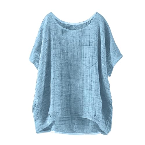 Store Musselin Bluse Damen 2025 Sommer Große Größen Leinenbluse Kurzarm Solid Casual Loose Leinen Tops Mode Elegant Bequeme Leinenhemd Hemdbluse Tshirt Blusenshirt von JUZILO