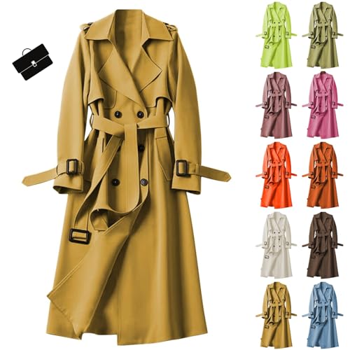 JUZILO Damen Trenchcoat Frühling Damen Trenchcoat Frühling Zweireiher Langer Mantel Jacke Wasserdicht und Winddicht Leichter Wintermantel Elegant Revers Slim Fit Übergangsjacke mit Gürtel von JUZILO