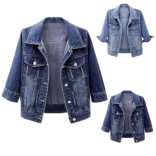 JUZILO Jeans Jacke Jeansjacke Damen 3/4 Ärmel Kurz Denim Jacke Umlegekragen Lässig Jeansmantel Strech Slim und Skinny Hundred mit Taschen kurze Jeansjacke Moden Sommer Frühling übergangsjacke von JUZILO
