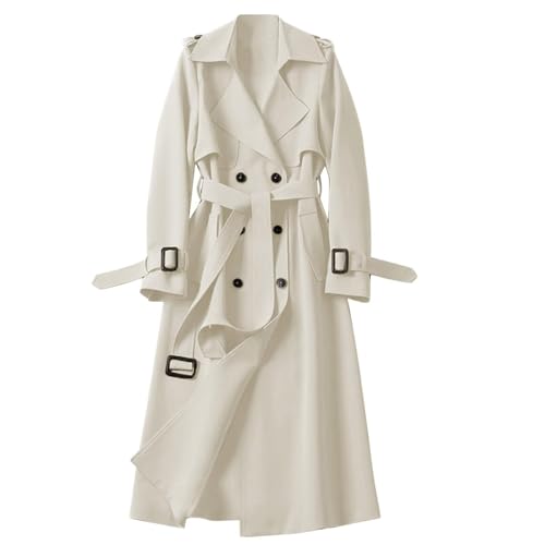 JUZILO Mantel Damen Frühling Damen Trenchcoat Frühling Zweireiher Langer Mantel Jacke Wasserdicht und Winddicht Leichter Wintermantel Elegant Revers Slim Fit Übergangsjacke mit Gürtel von JUZILO