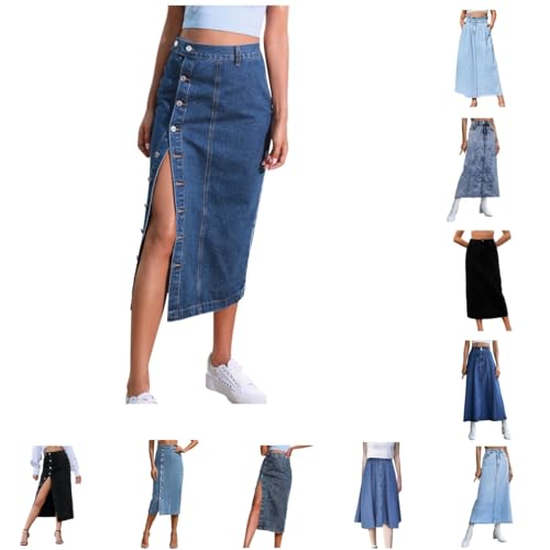 Jeansrock Damen Knielang 2025 Sommer Moden High Waist Casual Jeans Rock A-Linien Midi Niedlich Vielseitig Mini Bleistift Lang Rock mit Taschen von JUZILO
