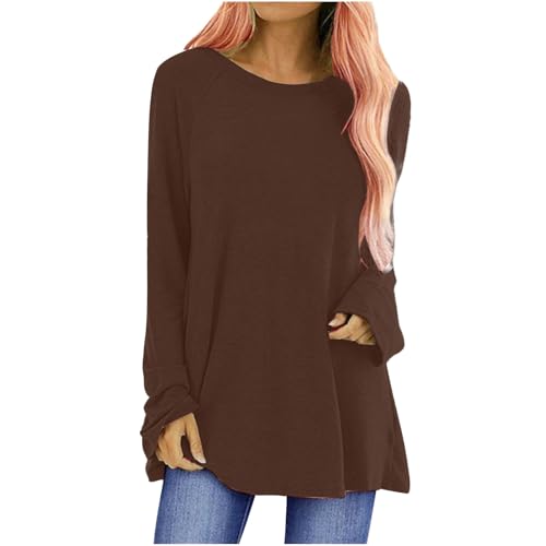 Rabatt Longshirt Damen Rundhalsausschnitt Langarm Oversize Basic Langarmshirt 2025 Frühjahr Sommer Baumwolle Longsleeve Shirts Lose Causal Atmungsaktiv Vielseitig T-Shirt von JUZILO