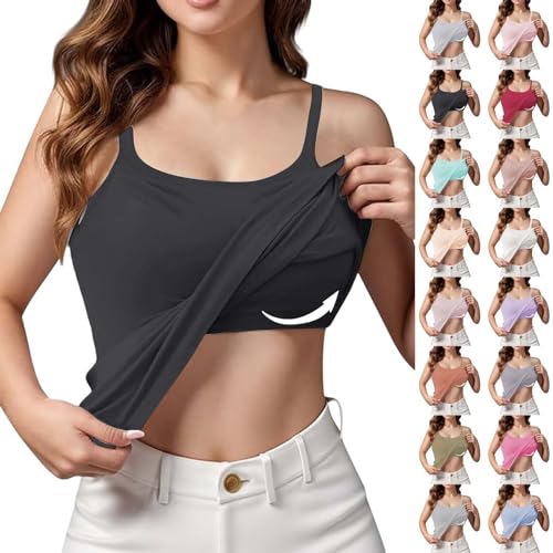 Top Mit Integriertem Bh Damen Tank Top mit Integriertem BH Unterhemd Basic Verstellbarer Träger Camisole Tank Tops U-Ausschnitt Baumwolle Bh Hemdchen ohne Bügel Sommer Stretch Workout Unterhemden von JUZILO