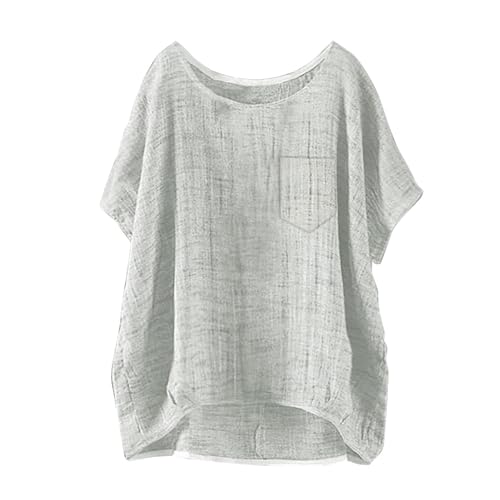 e Musselin Bluse Damen 2025 Sommer Große Größen Leinenbluse Kurzarm Solid Casual Loose Leinen Tops Mode Elegant Bequeme Leinenhemd Hemdbluse Tshirt Blusenshirt von JUZILO