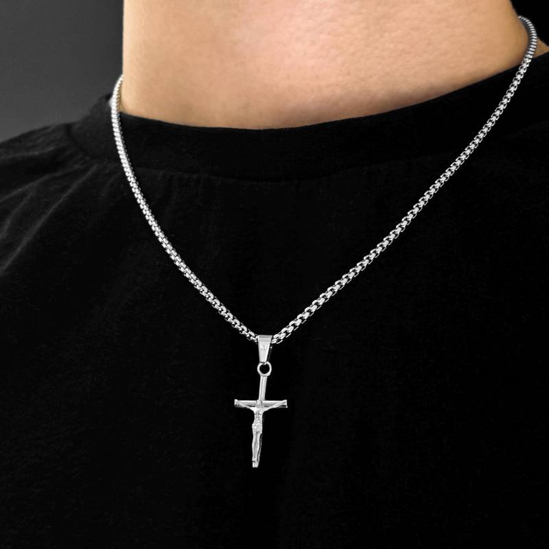 Jesus Cross Box Chain Silver | 2, 5mm Necklace Men Crucifix Pendant Confirmation Gift Idea von JVStreetwear