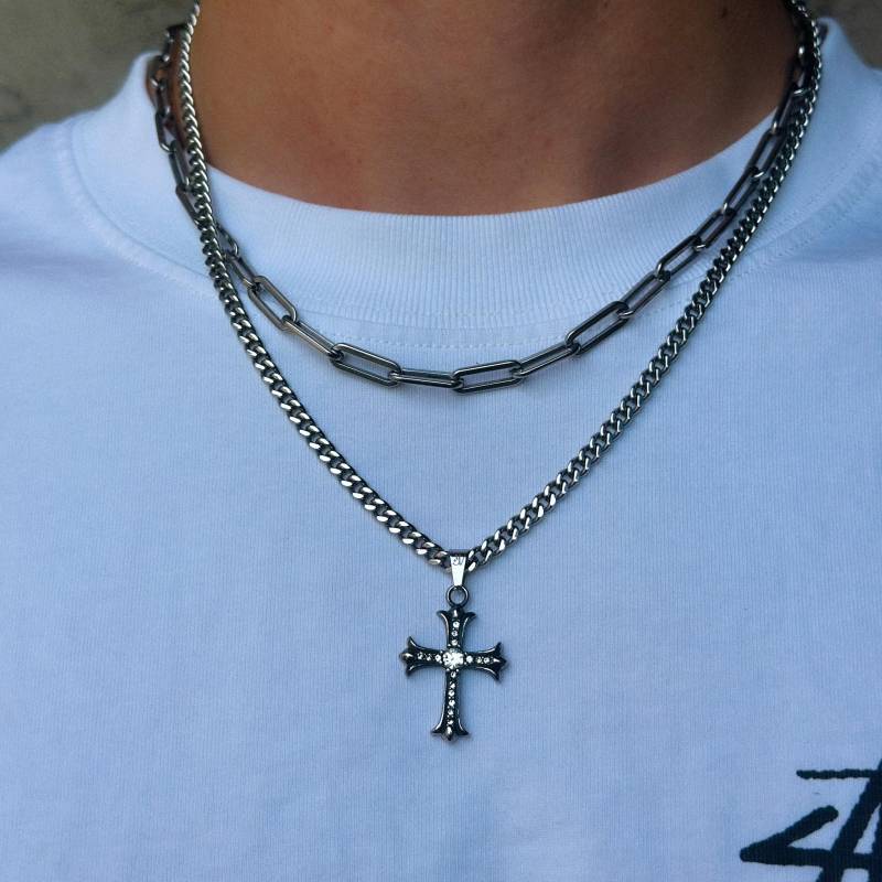 Y2K Cross Chain Silver | 4mm Cuban Necklace Iced Out Diamond Pendant Unique Streetwear Jewelry Gift For Men von JVStreetwear