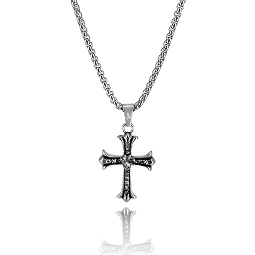 JVillion Glänzendes Kreuz-Anhänger Halskette Silber Herren, Box Kette, Iced Out, Y2K Schmuck, Streetwear Modeschmuck, Edelstahl, 50-60cm, Wasserfest & Nicht-Abfärbend (50) von JVillion