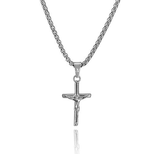 JVillion Jesus Kreuz-Anhänger Halskette Silber Herren, Box Kette, Kruzifix, Kommunionskreuz, Konfirmationskreuz, Christliches Symbol, Edelstahl, 50-60cm, Wasserfest & Nicht-Abfärbend (50) von JVillion