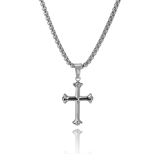 JVillion Kreuz-Anhänger Halskette Silber Herren, Box Kette, Kommunionskreuz, Konfirmationskreuz, Streetwear Modeschmuck, Edelstahl, 50-60cm, Wasserfest & Nicht-Abfärbend (55) von JVillion