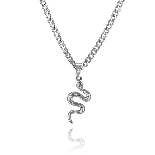 JVillion Schlangen Halskette Silber Herren Kobra Anhänger, 4mm Kubanische Kette, 50-60cm Länge, wasserfest & nicht-abfärbend (55) von JVillion
