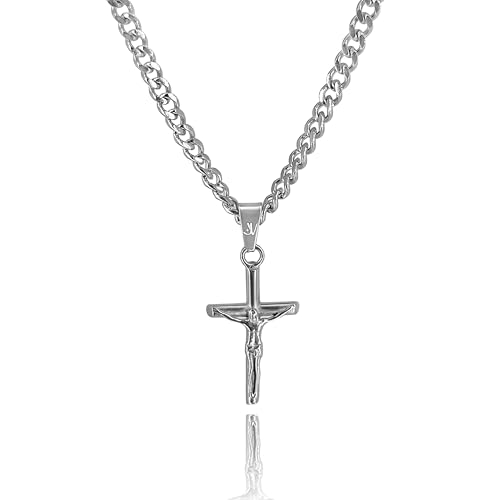 JVillion Silberne Jesus Halskette Herren, 4mm Cuban Link Kette, Edelstahl Kruzifix Anhänger, Kommunionskreuz, Konfirmationskreuz, 50-60cm, Wasserfest & Langlebig (60) von JVillion