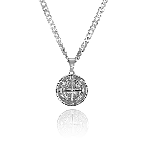 Kompass Medallion Halskette Silber Herren Nordstern Anhänger, 4mm Kubanische Kette, 50-60cm Länge, wasserfest & nicht-abfärbend (60) von JVillion