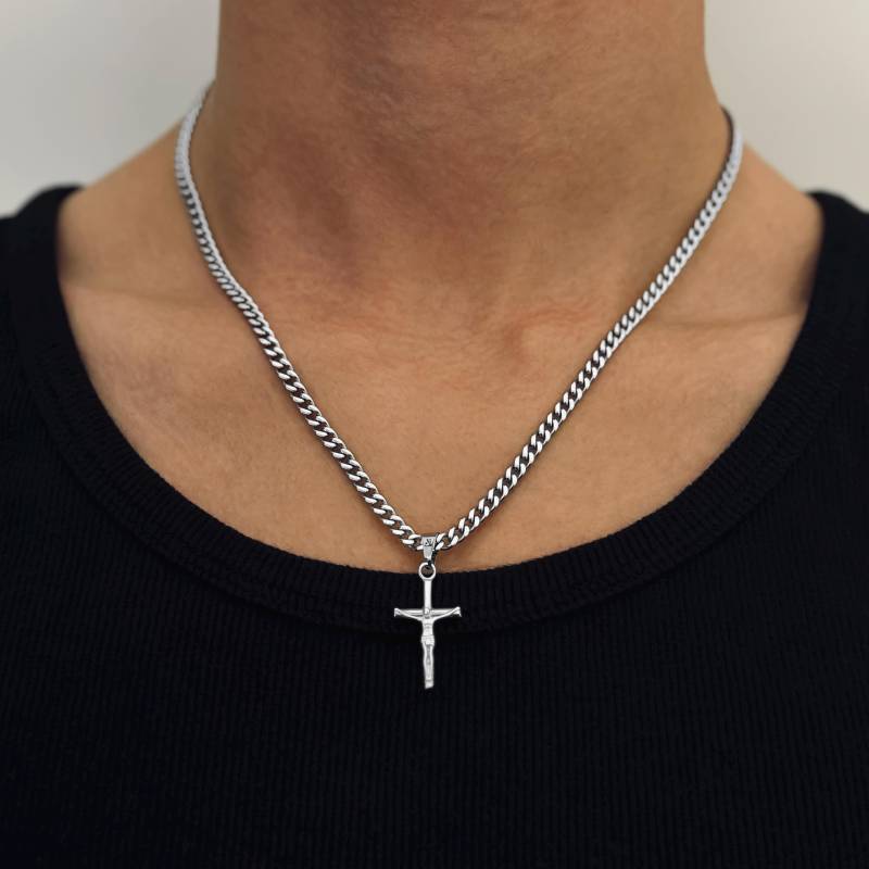 Jesus Kreuz Halskette Herren - Cuban Link Kette Anhänger Kruzifix Schmuck Religiöser Wasserfest & Nicht Abfärbend von JVillionJewelry