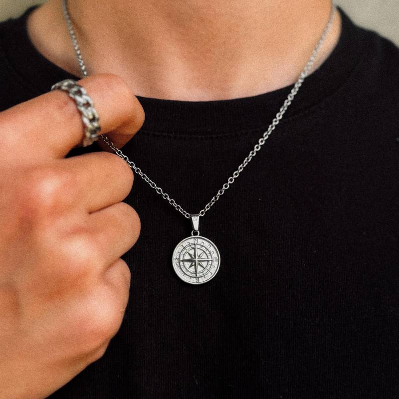 Kompass Kette Herren - 2mm Rolo Nordstern Anhänger Halskette Silber Streetwear Schmuck Wasserfest & Nicht Abfärbend von JVillionJewelry