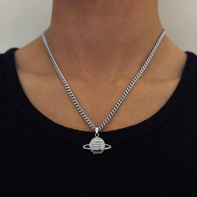 Planet Kette Silber Herren - 4mm Cuban Link Saturn Halskette Anhänger Streetwear Schmuck Geschenkidee von JVillionJewelry