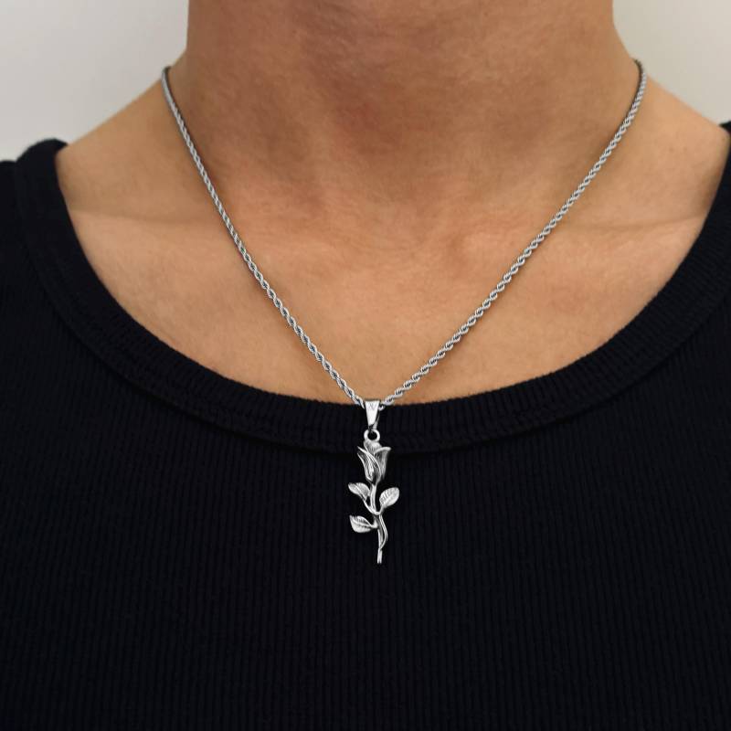 Rose Kette Herren - 2mm Rope Halskette Anhänger Silberkette Geschenkidee Wasserfest & Nicht Abfärbend von JVillionJewelry