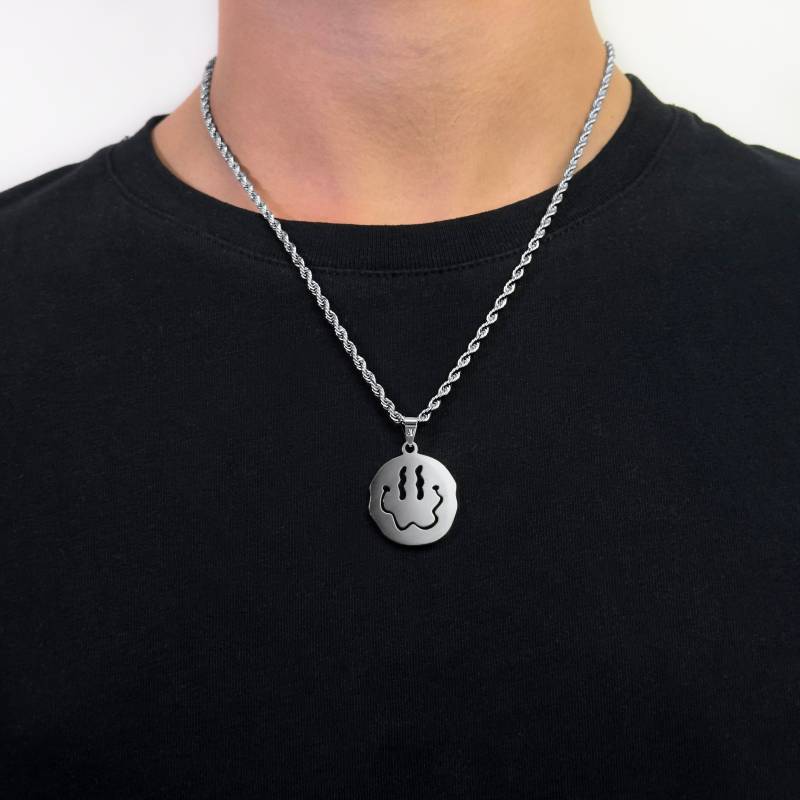 Smiley Kette Silber Herren - 3mm Rope Halskette Anhänger Streetwear Schmuck Silberkette Wasserfest & Nicht Abfärbend von JVillionJewelry