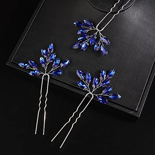 JWICOS Braut Hochzeit Kristall Haarnadeln Braut Haarteile Hochzeit Haarschmuck für Frauen und Mädchen 3 Stück (Blau Silber) von JWICOS