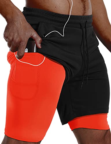 JWJ 2-in-1-Laufshorts für Herren, schnelltrocknend, mit Seitentaschen, Schwarz / Orange, Groß von JWJ