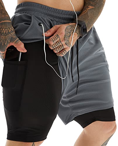 JWJ Herren 2-in-1 Workout Laufshorts 7 Zoll Leichte Athletic Gym Shorts mit Kompressionsfutter, Grau dunkel, XL von JWJ