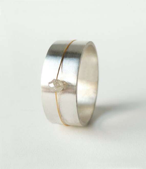 Breiten Band Sterling Silber, 14K Gelbgold Und Rau Schnitt Diamant Perlenring, "Schweben" Breiten Band Sterling Silber, 14K Gelbgold Und Rau Schnitt Diamant Perlenring, "Schweben" von JWMetalArts