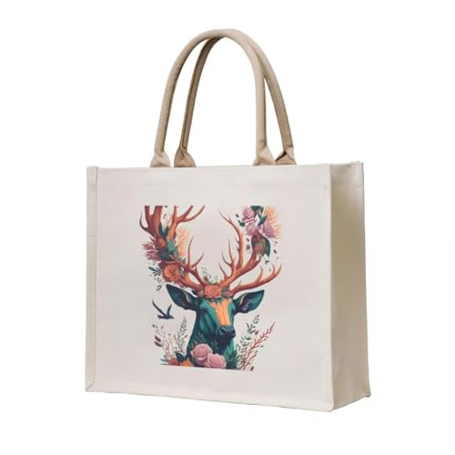 JWPPPATD Einkaufstasche Floral Majesty: Vintage Elch mit Blüten geschmückt Hand wiederverwendbare Einkaufstasche Damen Shopper tolle Taschen von JWPPPATD