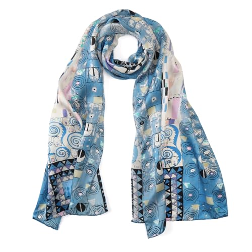 JWSilk Langer Charmeuse Seidenschal Klassischer Kunstdruck, Baum des Lebens von Gustav Klimt Blau, 63" x 17" von JWSilk