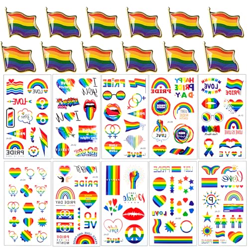 JWTRSVTY 22 PCS Gay Pride Pins Set, Regenbogen Broschen Anstecknadel Set, Regenbogen Tattoos, Flagge Rainbow Anstecker + Aufkleber, für Feiern, Gay Partys, Pride Festivals, Pride Parade von JWTRSVTY