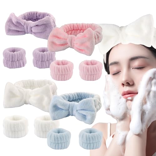 JWTRSVTY Spa Gesicht Cosmetic Stirnband Handgelenk Waschbänder Set, 4 Sätze Spa Bowknot Haarbänder mit 4paar Handgelenk Waschband, Haarband mit Schleife, für Mädchen Waschen des Gesichts & Abschminken von JWTRSVTY
