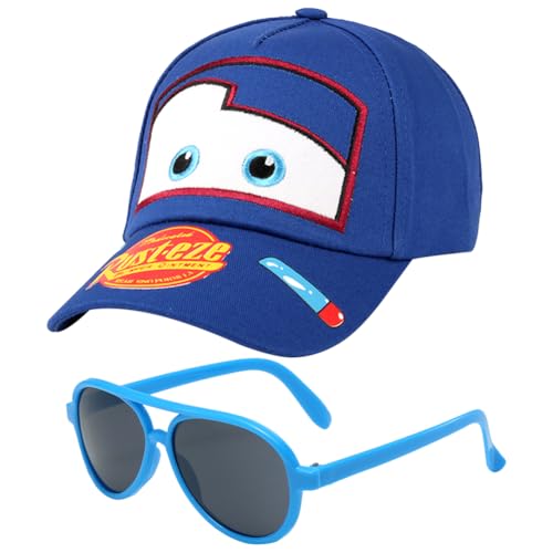Car Kinder Baseball Cap, 2PCS Baseballkappe und Sonnenbrille Schirmmütze Sonnenschutz Cap Cartoon Snapback Cap Baseballmütze Einstellbare Kappe Sonnenbrillen Set für Kinder Ab 2 Jahren von JXBBAAC