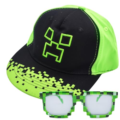 Miinnecraft Kinder Baseball Cap, 2PCS Baseballkappe und Sonnenbrille Sonnenschutz Cap Schirmmütze Baseballmütze Einstellbare Kappe Cartoon Sonnenbrillen Snapback Cap Set für Kinder Ab 2 Jahren von JXBBAAC