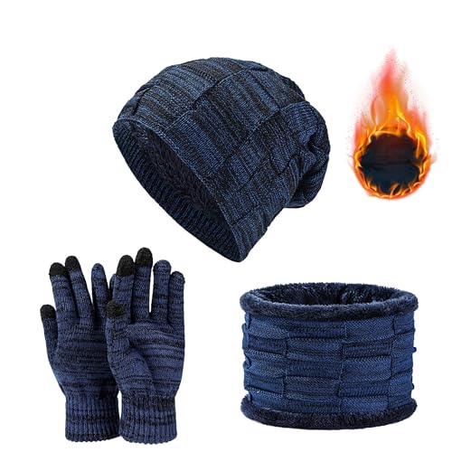 JXCTNNU Mütze Schal Handschuh Sets Wintermütze Unisex Beanie Strickmütze Winterschal Thermo Touchscreen Handschuhe Ski 3-in-1 Wintermütze Verdickung Set für Herren Damen (Blau) von JXCTNNU