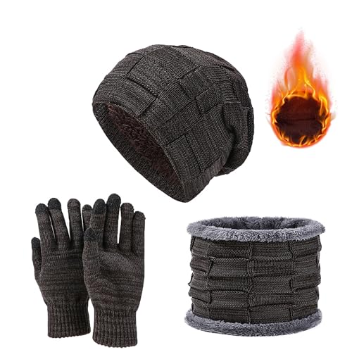 JXCTNNU Mütze Schal Handschuh Sets Wintermütze Unisex Beanie Strickmütze Winterschal Thermo Touchscreen Handschuhe Ski 3-in-1 Wintermütze Verdickung Set für Herren Damen (Braun) von JXCTNNU
