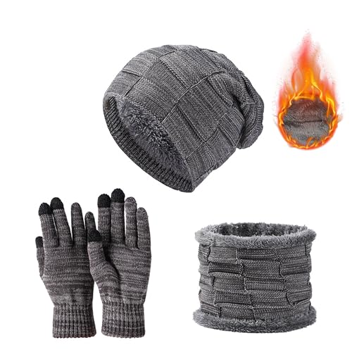 JXCTNNU Mütze Schal Handschuh Sets Wintermütze Unisex Beanie Strickmütze Winterschal Thermo Touchscreen Handschuhe Ski 3-in-1 Wintermütze Verdickung Set für Herren Damen (Dunkelgrau) von JXCTNNU
