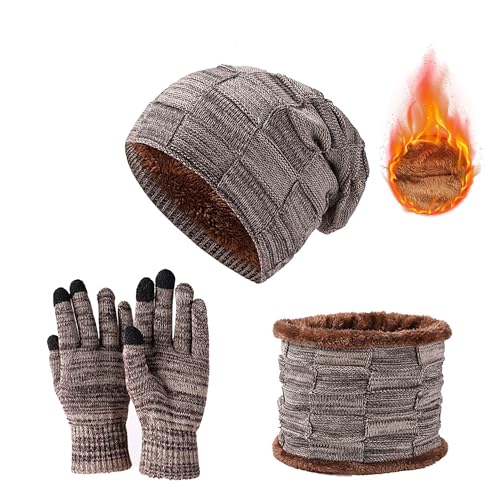 JXCTNNU Mütze Schal Handschuh Sets Wintermütze Unisex Beanie Strickmütze Winterschal Thermo Touchscreen Handschuhe Ski 3-in-1 Wintermütze Verdickung Set für Herren Damen (Khaki) von JXCTNNU