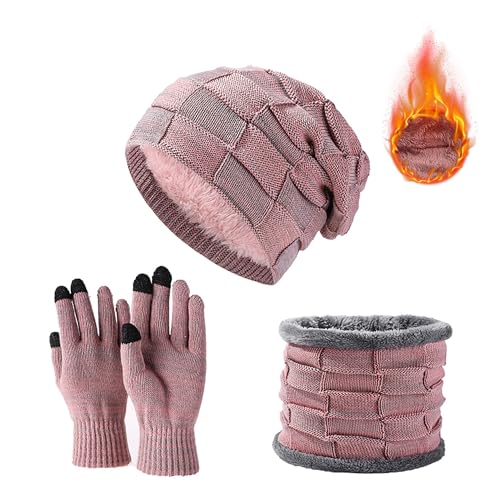 JXCTNNU Mütze Schal Handschuh Sets Wintermütze Unisex Beanie Strickmütze Winterschal Thermo Touchscreen Handschuhe Ski 3-in-1 Wintermütze Verdickung Set für Herren Damen (Rosa) von JXCTNNU