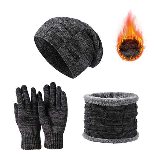 JXCTNNU Mütze Schal Handschuh Sets Wintermütze Unisex Beanie Strickmütze Winterschal Thermo Touchscreen Handschuhe Ski 3-in-1 Wintermütze Verdickung Set für Herren Damen (Schwarz) von JXCTNNU