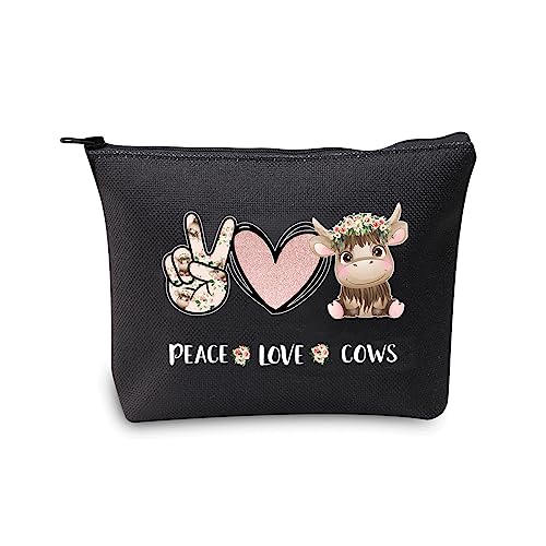 JXGZSO Make-up-Tasche mit Kuh-Muster, Kosmetiktasche mit Reißverschluss, Kuh-Liebhaber, Geschenk für Kuh, Mädchen, Rinderbesitzer, Tierliebhaber, Peace Love Cows schwarz von JXGZSO