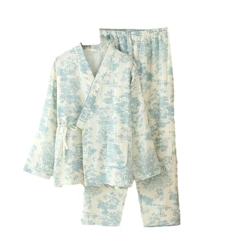 Damen Baumwollpyjama National Four Seasons Gaze Nachtwäsche Langarm Hosen Sets Japanischer Kimono Home Service Blue S von JXQXHCFS