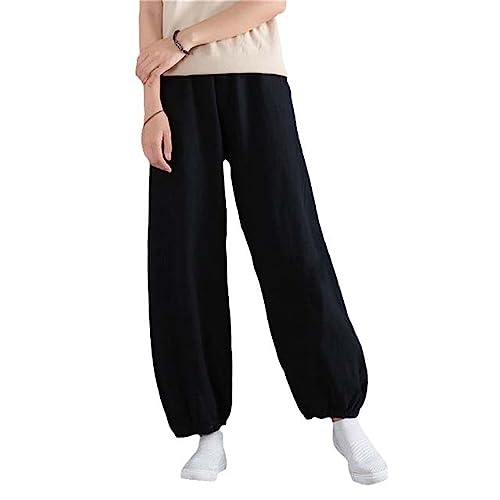 Frauen Baumwolle Leinen Frühling Sommer Casual Solide Lose Hosen Gerade Breite Bein Hosen Sweatpant Streetwear Black S von JXQXHCFS