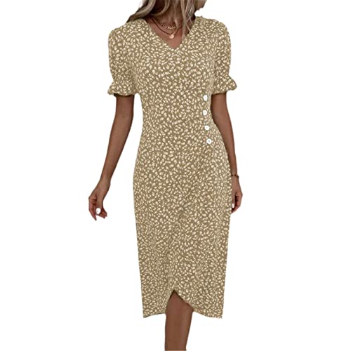 Frauen Lose Vintage Rüschen Befree Sommer Gedruckt Knopf Elegantes Partykleid Sommer Party Maxi Kleider Khaki L von JXQXHCFS