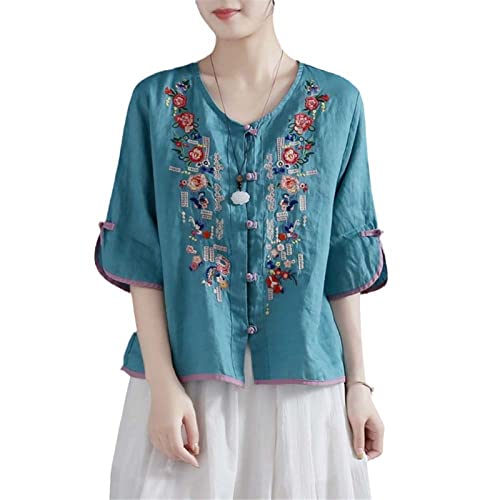 JXQXHCFS Baumwolle Leinen Stickerei Cheongsam Hemd Vintage Hanfu Blusen China Traditioneller Tang-Anzug Chinesische Top-Frauen Blue M von JXQXHCFS