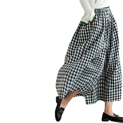 JXQXHCFS Baumwollleinen Damen Weite Hose Knöchel Karierte Hose Sommer Weite Beinhose gerade dünne Hose Black Middle XL von JXQXHCFS