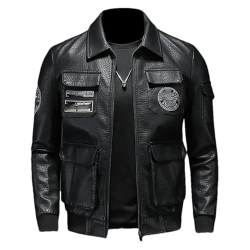 JXQXHCFS Frühling und herbst Männer Leder Dicke Jacken Langarm PU Mantel Zipper Koreanischen Stil Elastische Stickerei Taschen Black-Thin M von JXQXHCFS