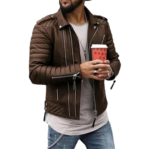 JXQXHCFS Herbst Winter Herren Leder Jacken Verdickt Revers Baumwolle gefütterte Zipper Leder Mantel Streetwear Männliche Tops Brown XXL von JXQXHCFS
