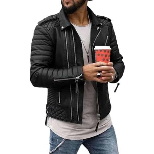 JXQXHCFS Herbst Winter Herren Leder Jacken Verdickt Revers Baumwolle gefütterte Zipper Leder Mantel Streetwear Männliche Tops black M von JXQXHCFS