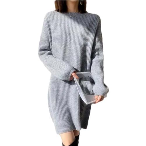 JXQXHCFS Herbst Winter Kleid Frauen Rundhals Pullover Wolle Lose Mittel Länge Einfarbig Gestrickte Wolle Kleid Gray XS von JXQXHCFS